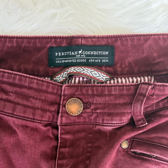 Peruvian Connection Moto Style Skinny Pants in Burgundy Color Size 4 - Picture 2 of 8